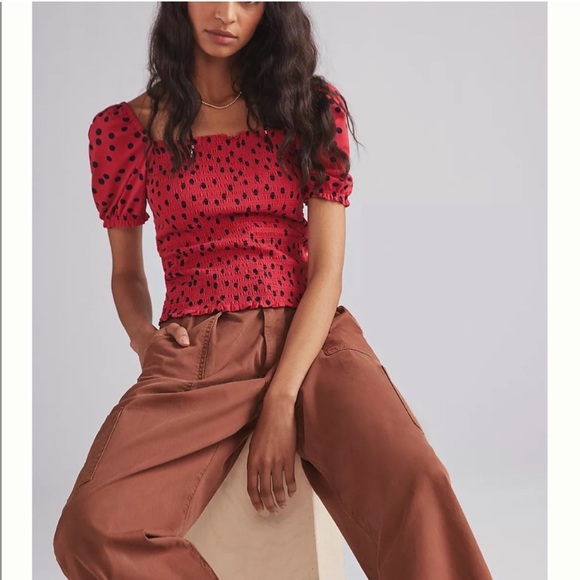 Anthropologie Tops - Puffed sleeved square neck smocked bodice red and navy polka dot top